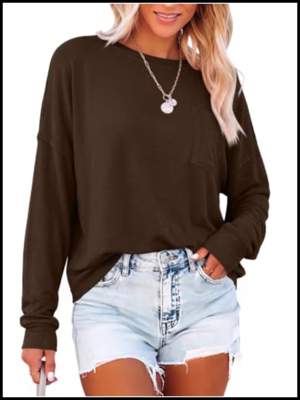 Oversized Cropped Long Sleeve T-Shirt Crew Neck Chest Pocket Ribbed Cuffs
